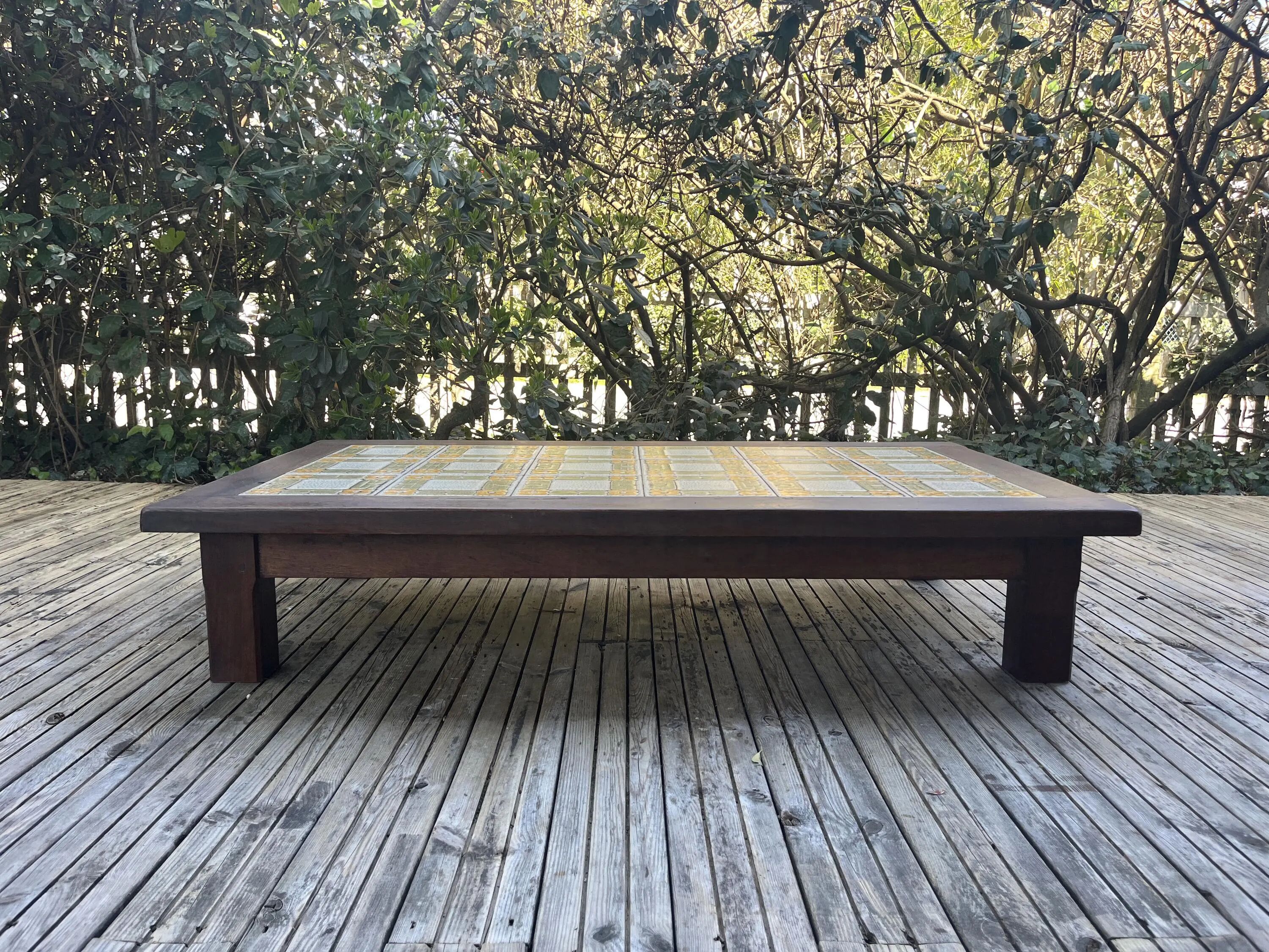 Large vintage 1960s oak and ceramic coffee table.