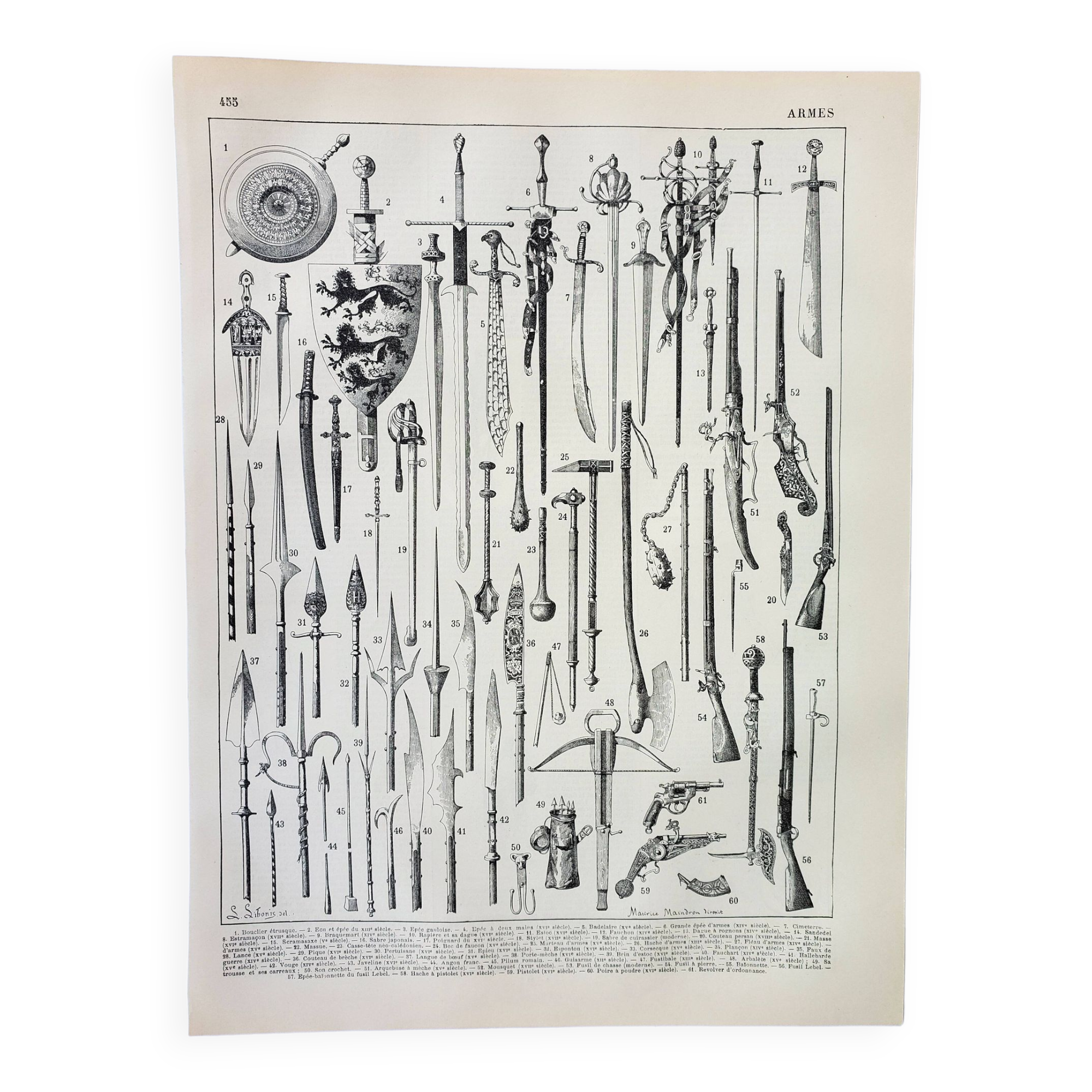 Old engraving 1898, Ancient weapons, sword, pistol, knife • Lithograph, Original plate