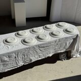 Set of 9 vintage turquoise deep plates with gold trim and pink flowers.