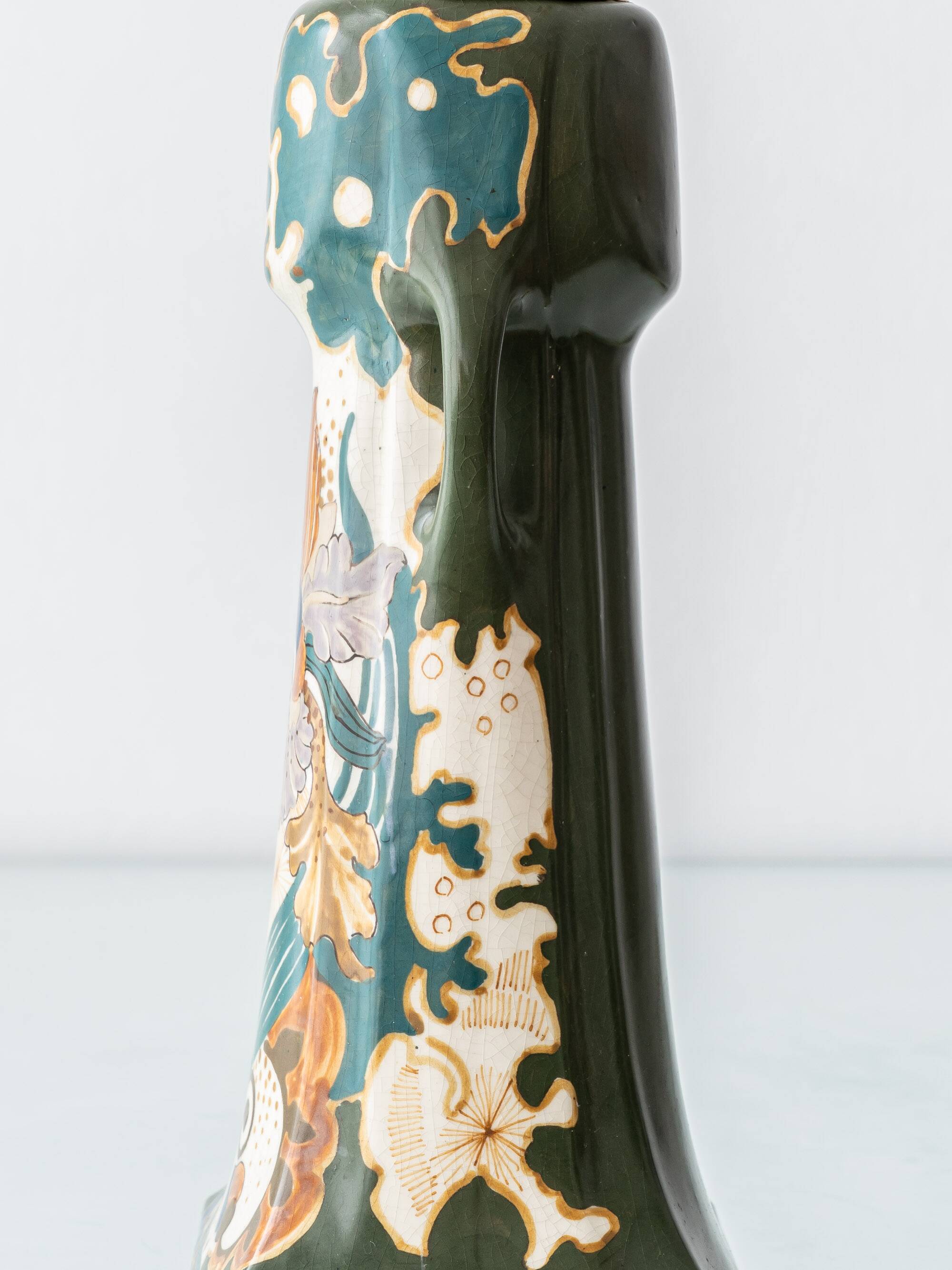 Pair of Dutch Art Nouveau Ceramic Table Lamps, circa 1915, with New Ochre Linen Shades