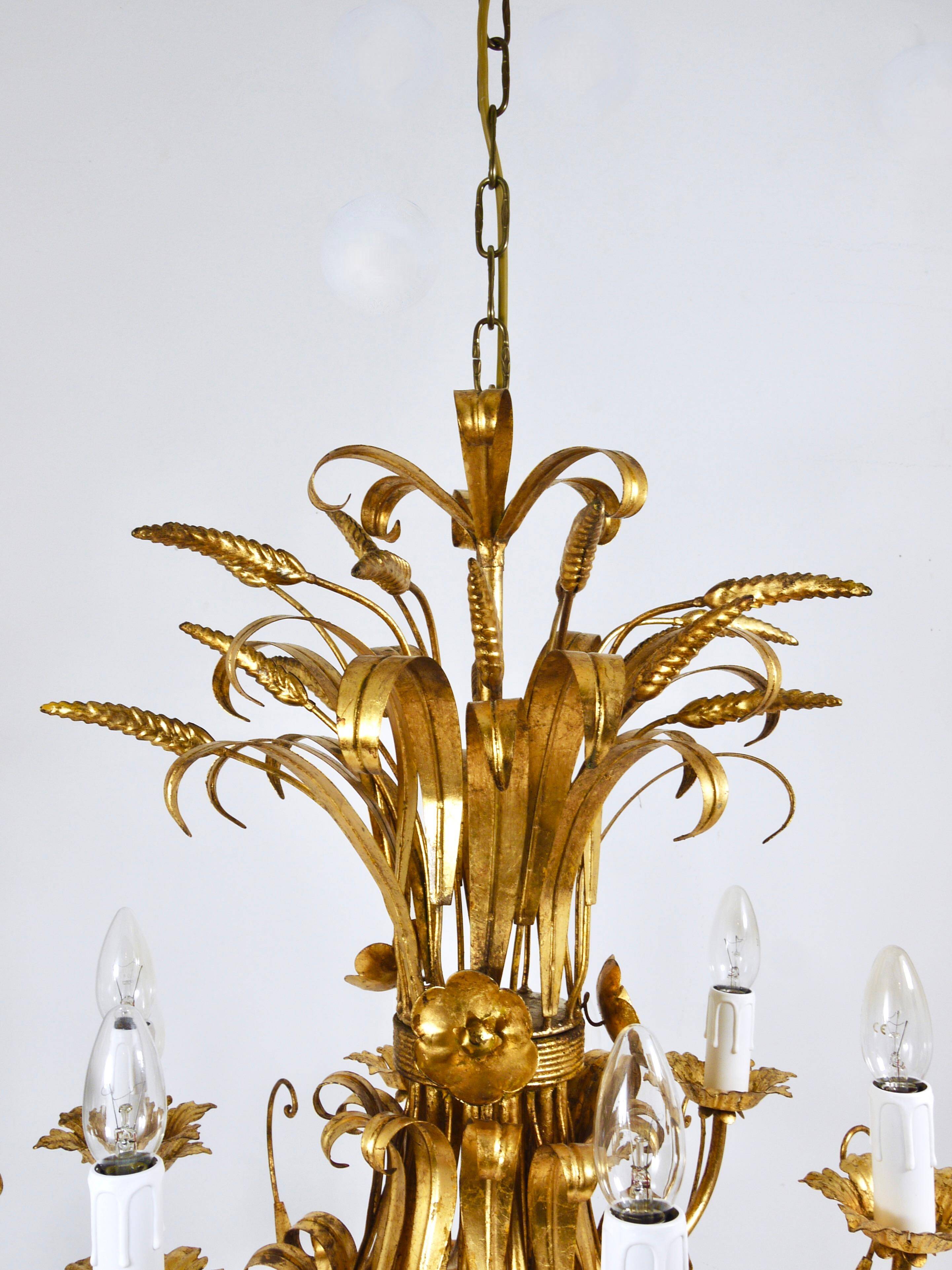 Hans Kögl XL Hollywood Regency golden wheat floral bouquet in iron, 1970s