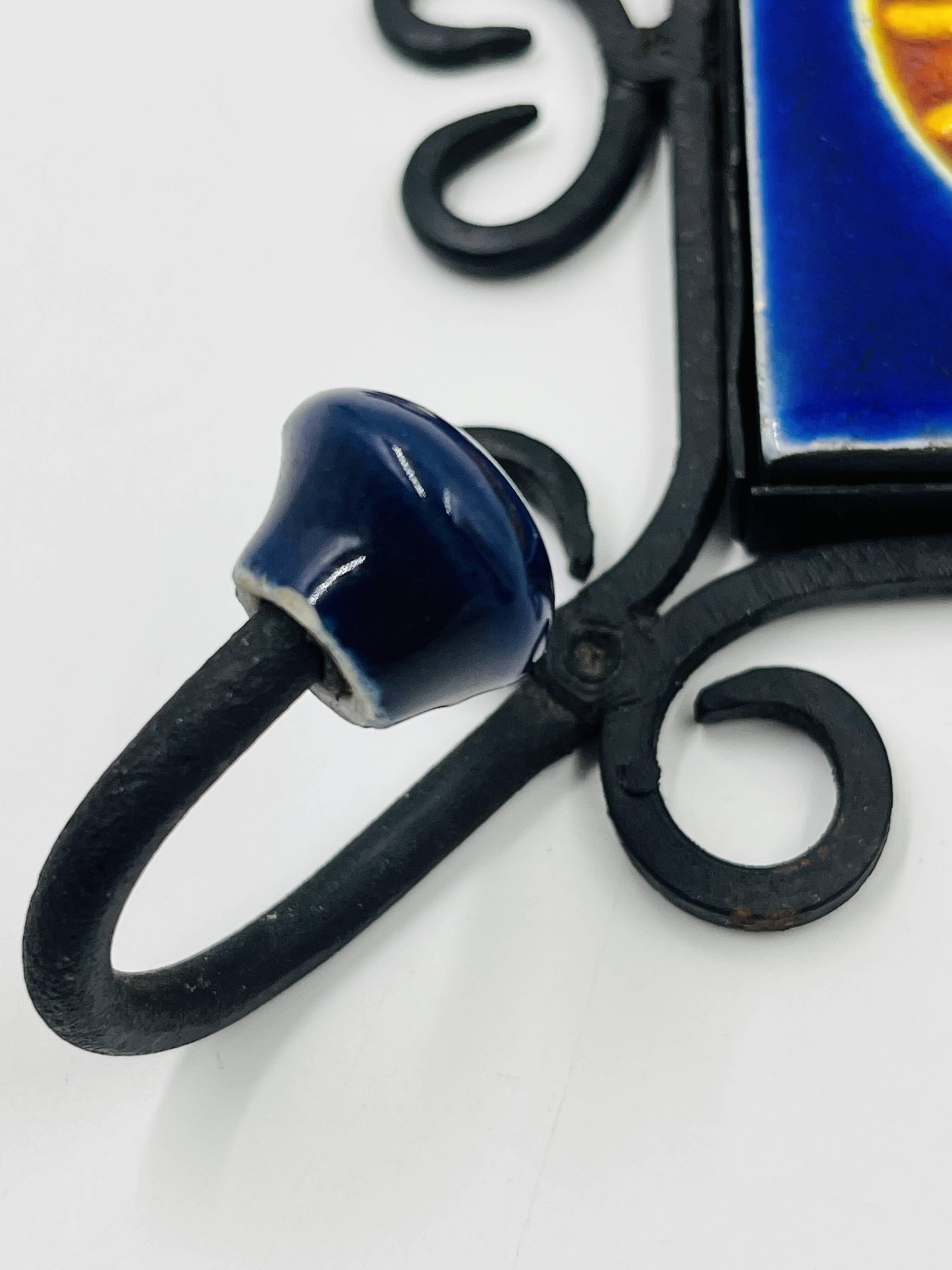 Brutalist Towel Holder Wrought Iron & Ceramic 1970