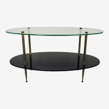 Table basse à double plateaux en verre, transparent et noir, pied compas doré, années 50-60