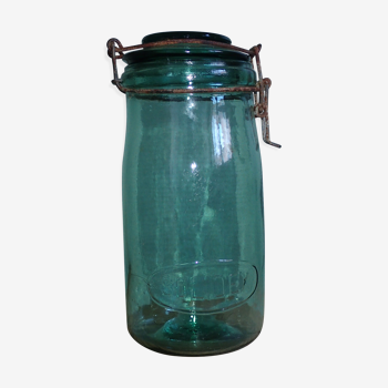 Bocal ancien en verre vert turquoise Solidex 1 litre