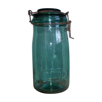 Bocal ancien en verre vert turquoise Solidex 1 litre