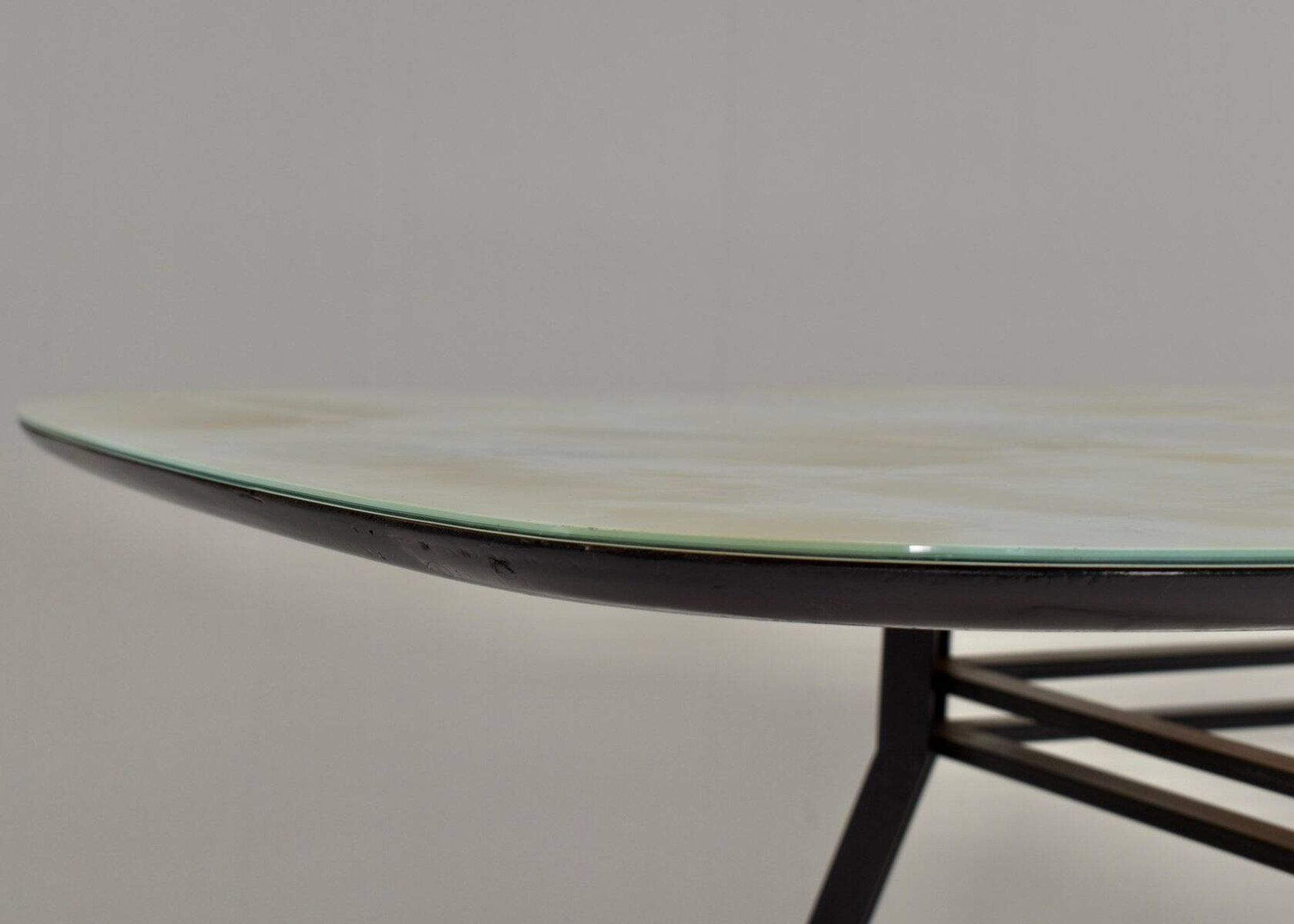 Italian dining table with metal base and glass top and brass, 1950s