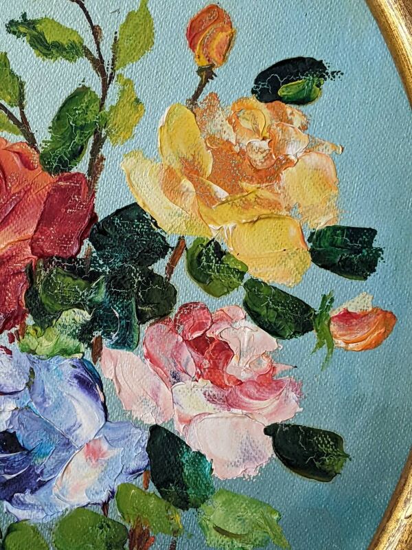 Tableau ancien ovale acrylique sur panneau bois doré