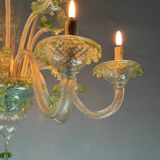Venetian chandelier in colorless and green Murano glass, 6 light arms circa 1940