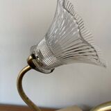 Pair of brass swan neck wall lights with transparent glass shades.