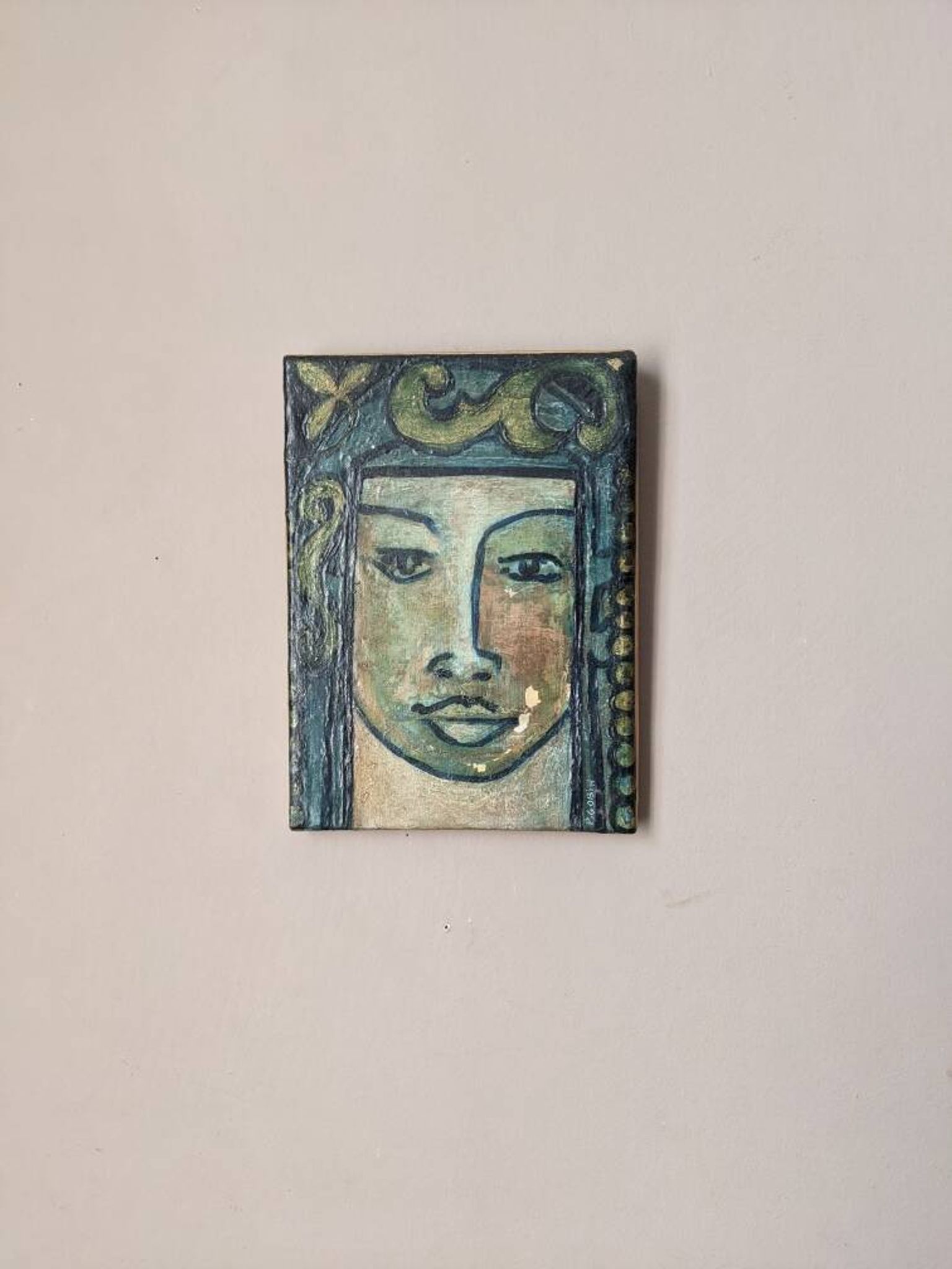 Antique acrylic painting on canvas vintage ethnic tribal portrait
