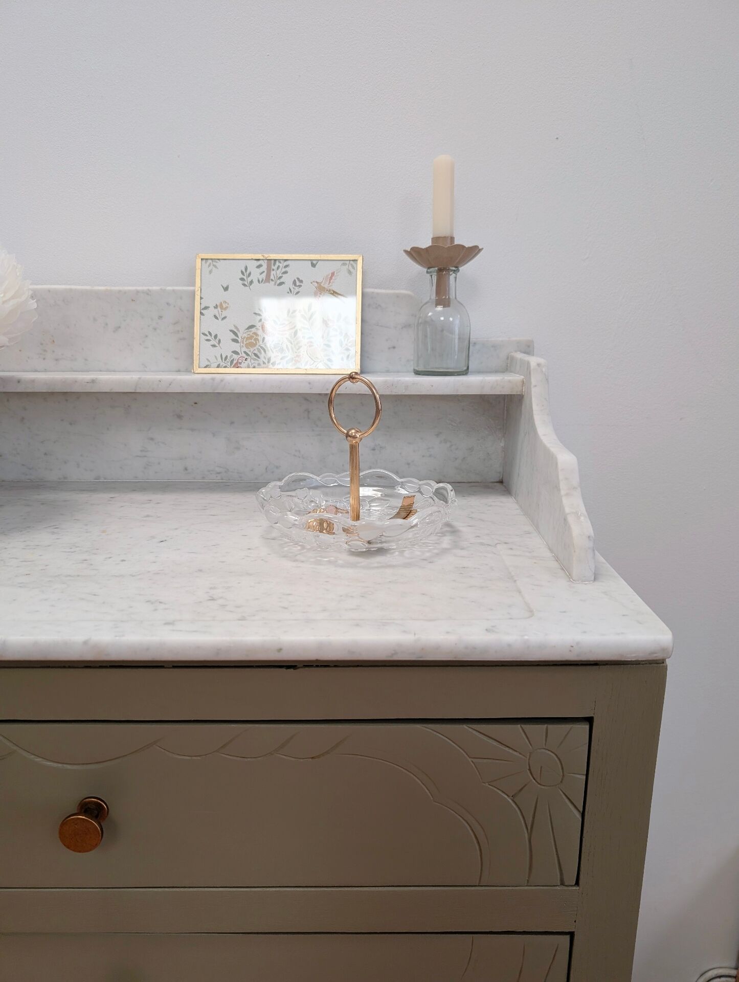 Antique commode revamped with a marble top, vintage dressing table.