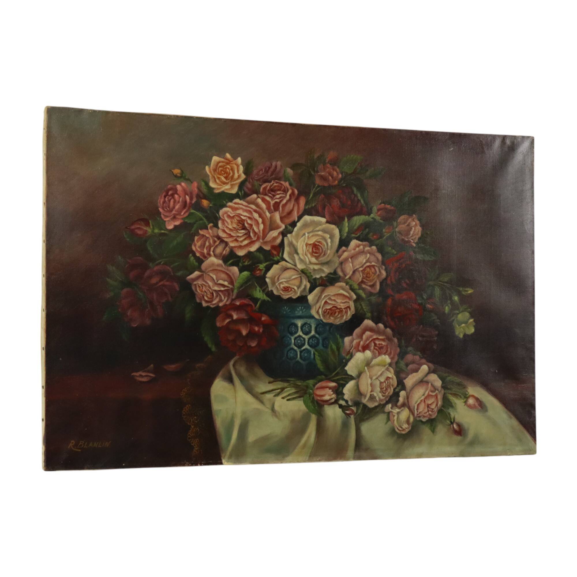 Large Floral Still Life Painting Roses Bouquet Signed R. Blanlin