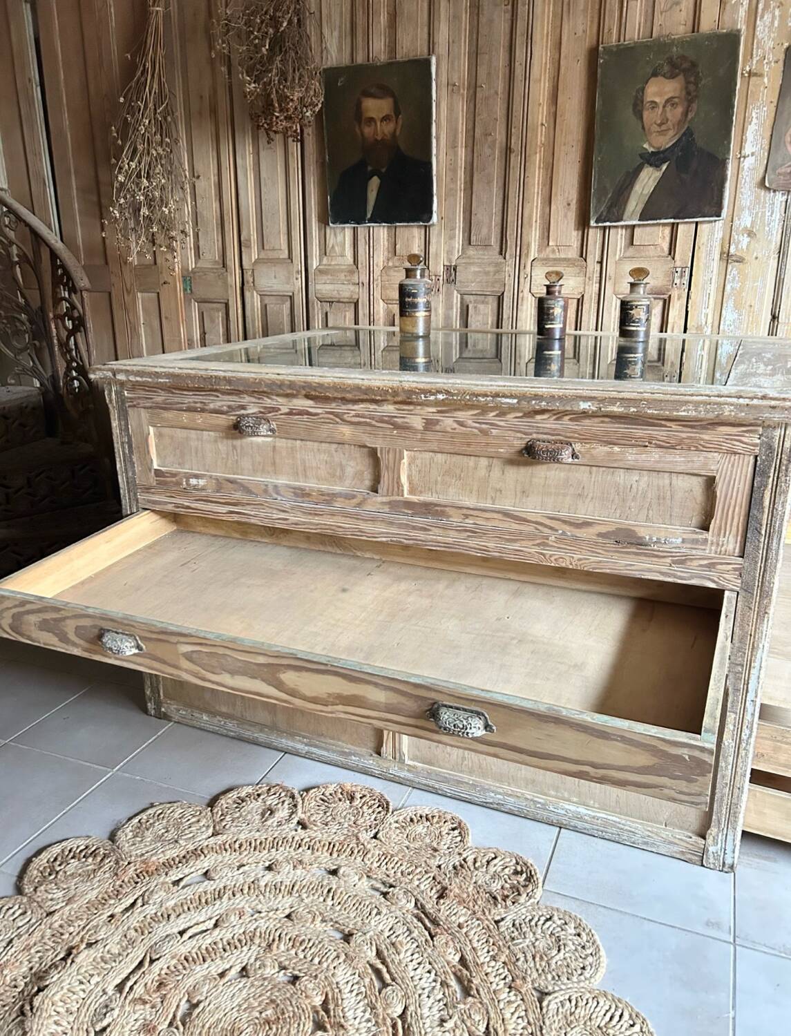 Antique display cabinet, central exhibition counter with