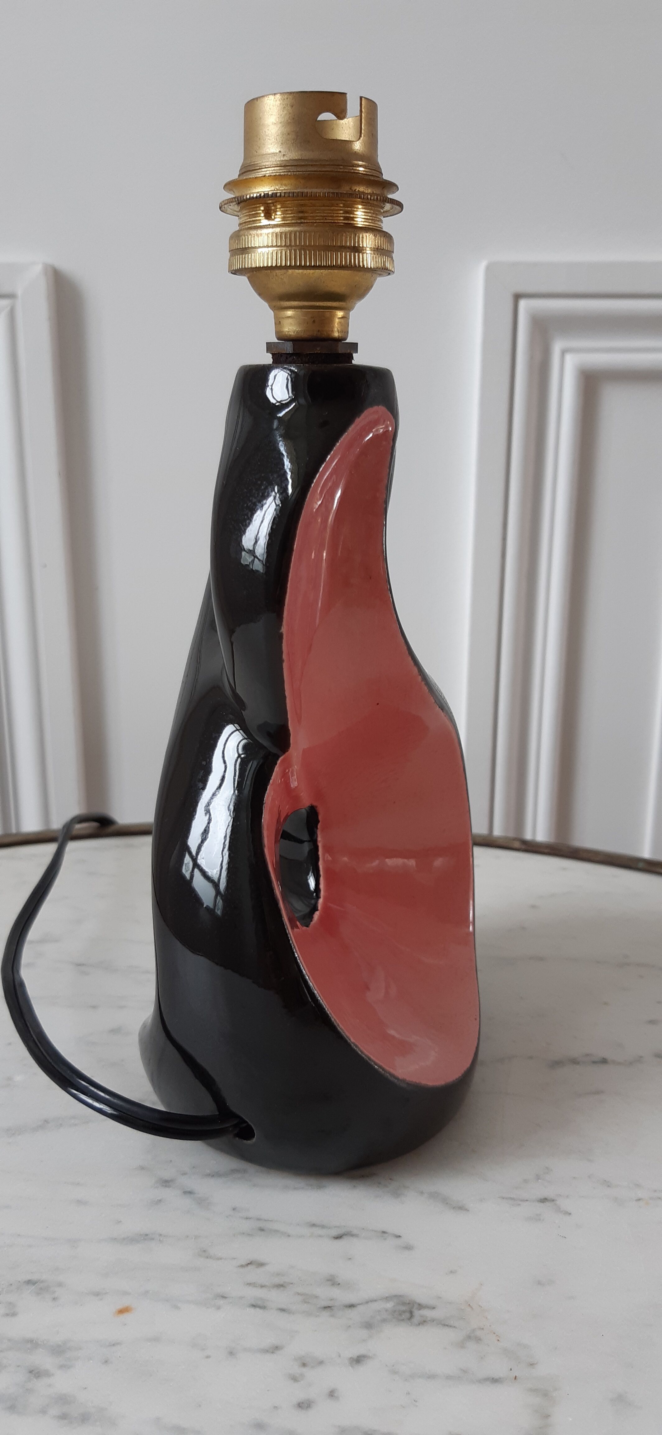 Lamp foot in pink and black ceramic design Vallauris 70s
