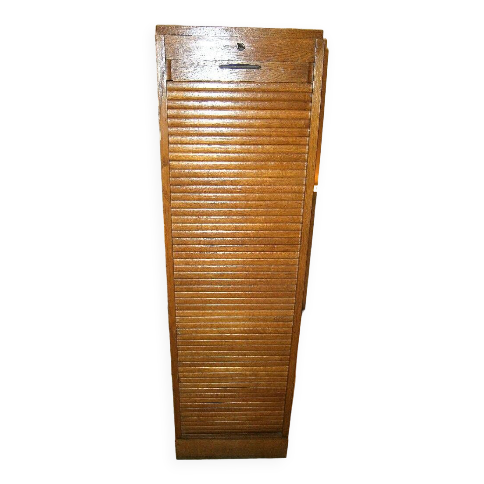 Old solid wood curtained filing cabinet with its key