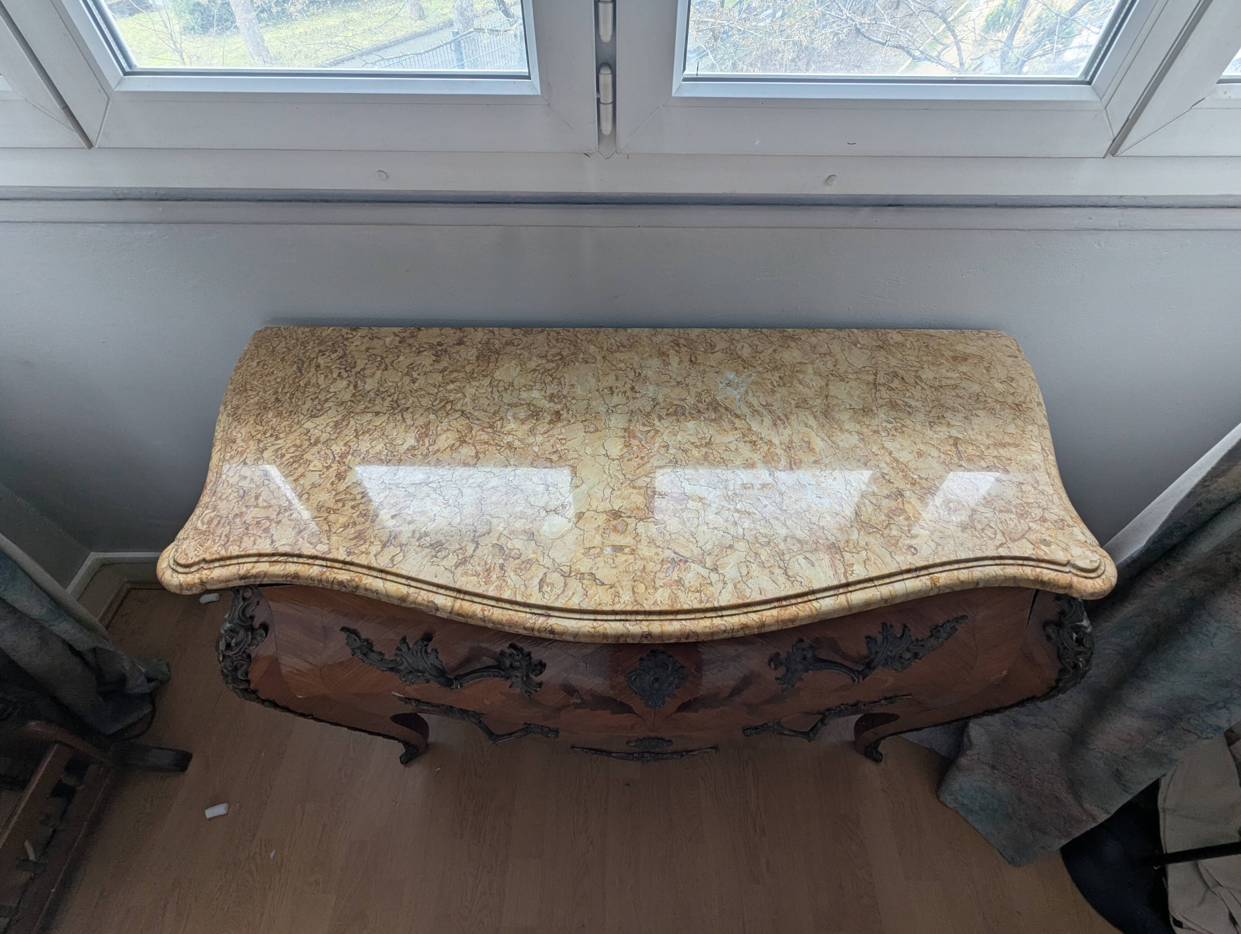 Curved commode in Louis XV style – marquetry & marble – bronze fittings