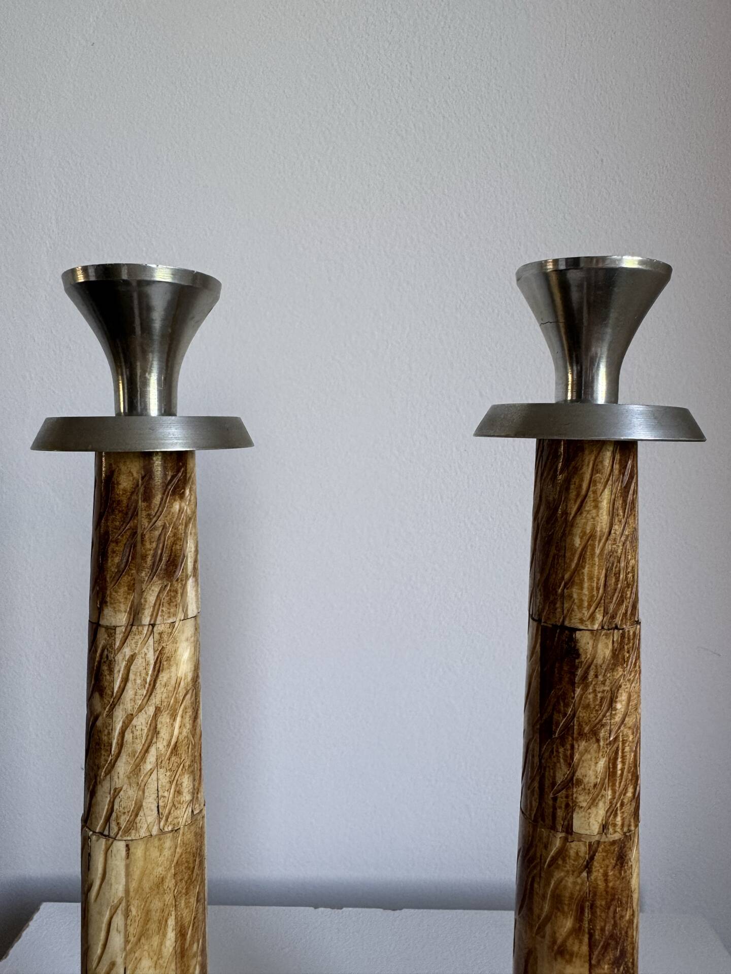 A Pair Of Vintage Mid Century Modern Metal With Faux Bone Candle Holde