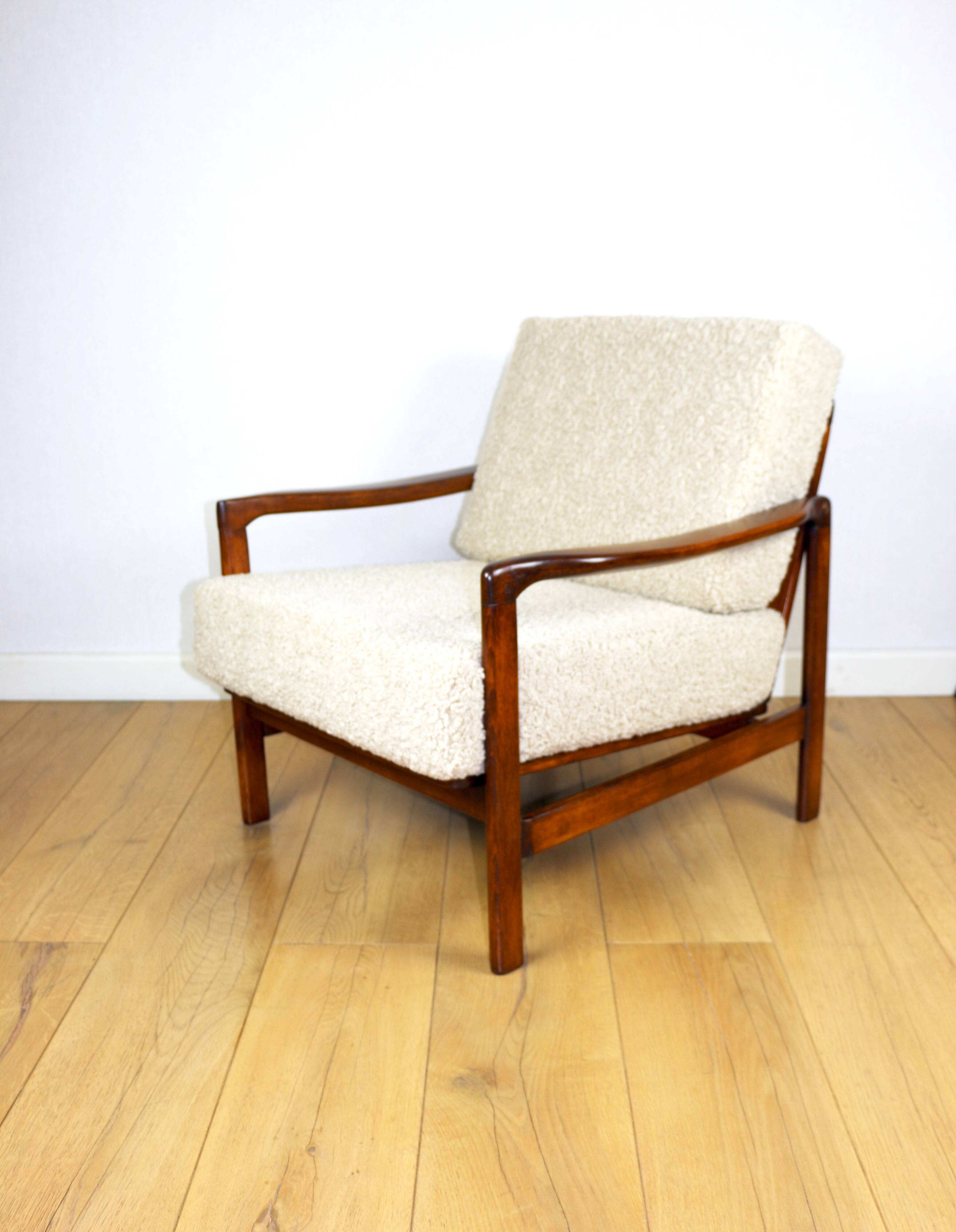 Wooden vintage brown armchair beige ivory long pile boucle design by Z. Bączyk - 2 pieces available
