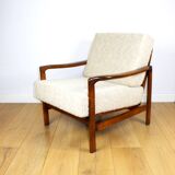 Wooden vintage brown armchair beige ivory long pile boucle design by Z. Bączyk - 2 pieces available
