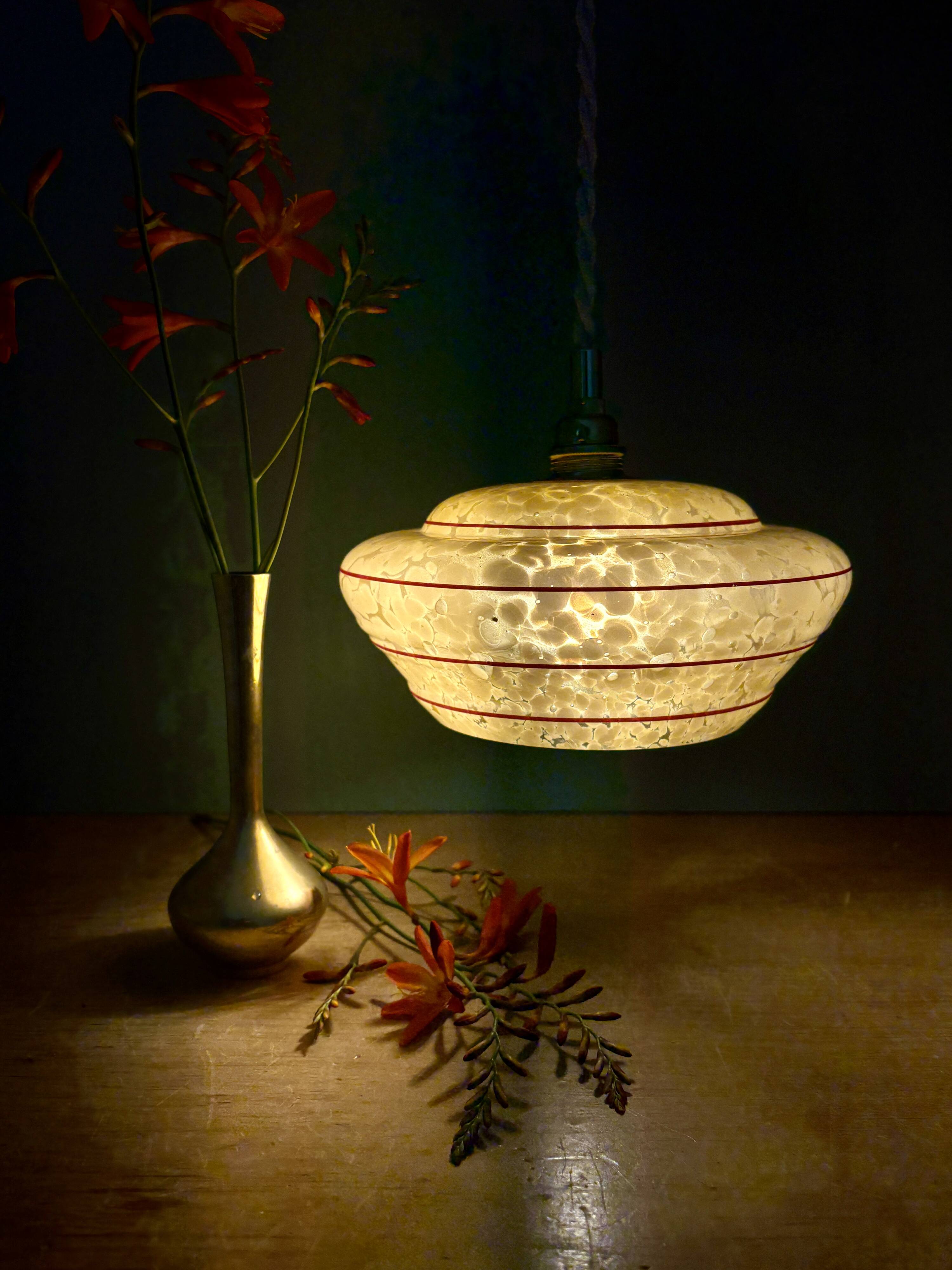 Vintage pendant lamp shade in yellow Clichy glass with red trim