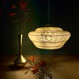 Vintage pendant lamp shade in yellow Clichy glass with red trim