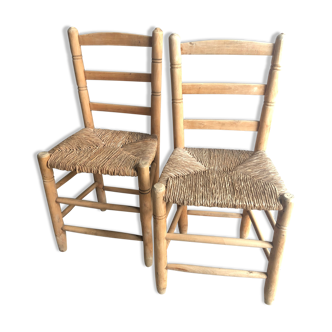 Pair of wooden and straw chairs