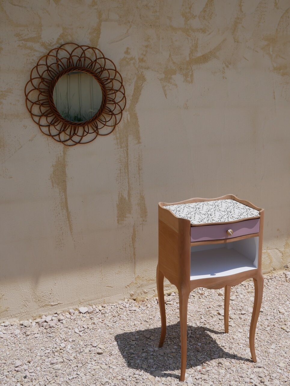 Crude wooden bedside table