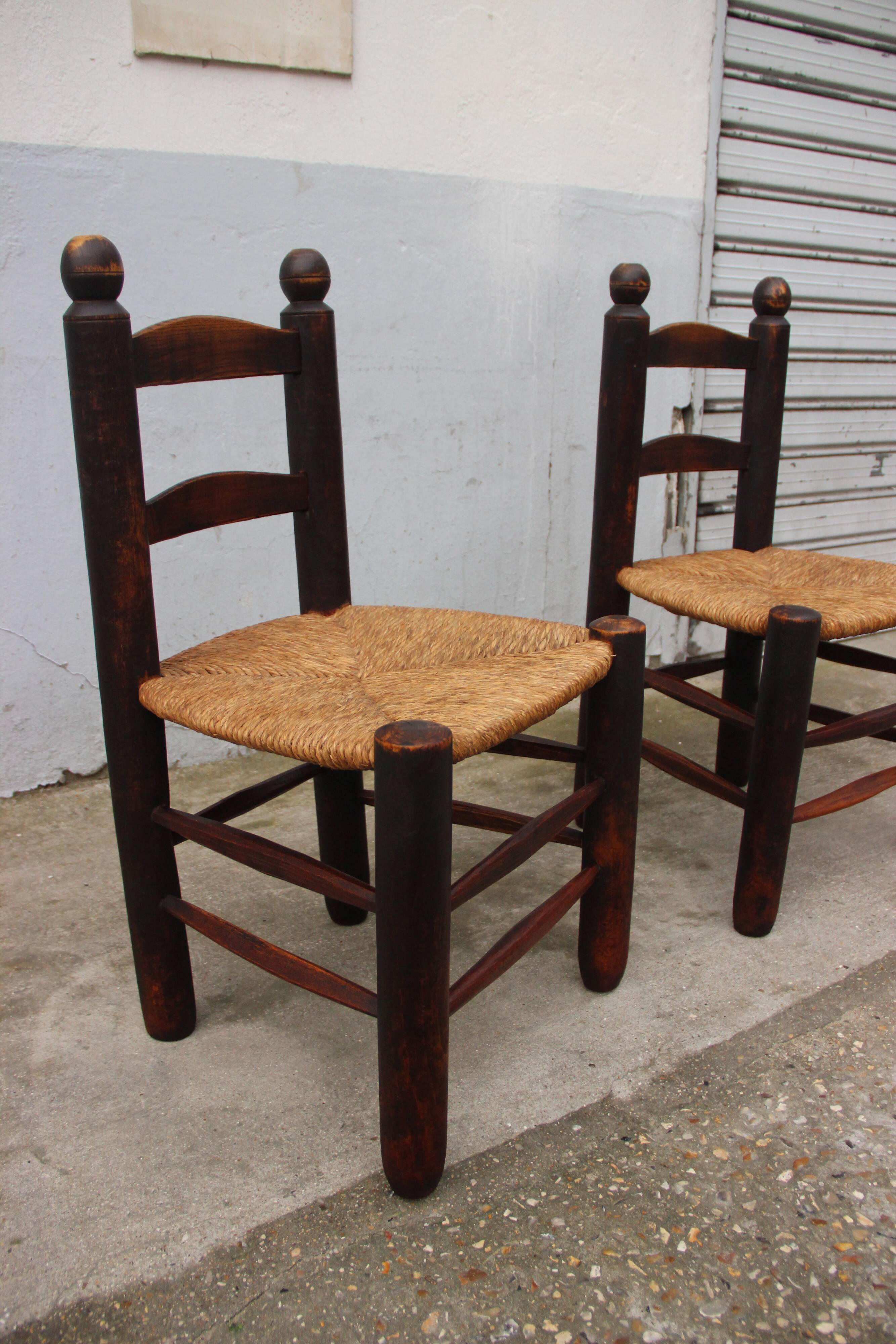 Pair of chairs in solid oak and rope, raw art