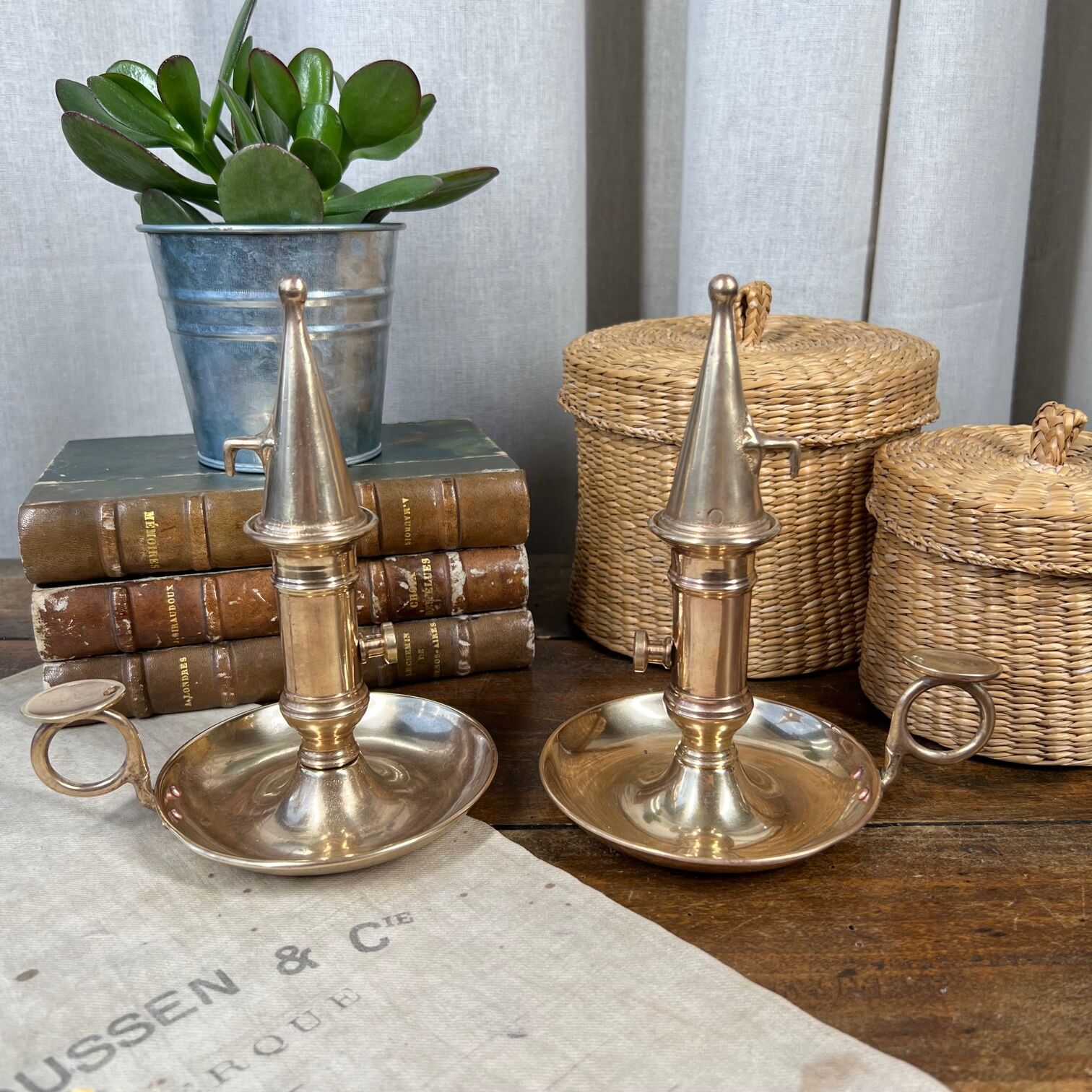 Duo of brass cellar rat candlesticks with extinguisher