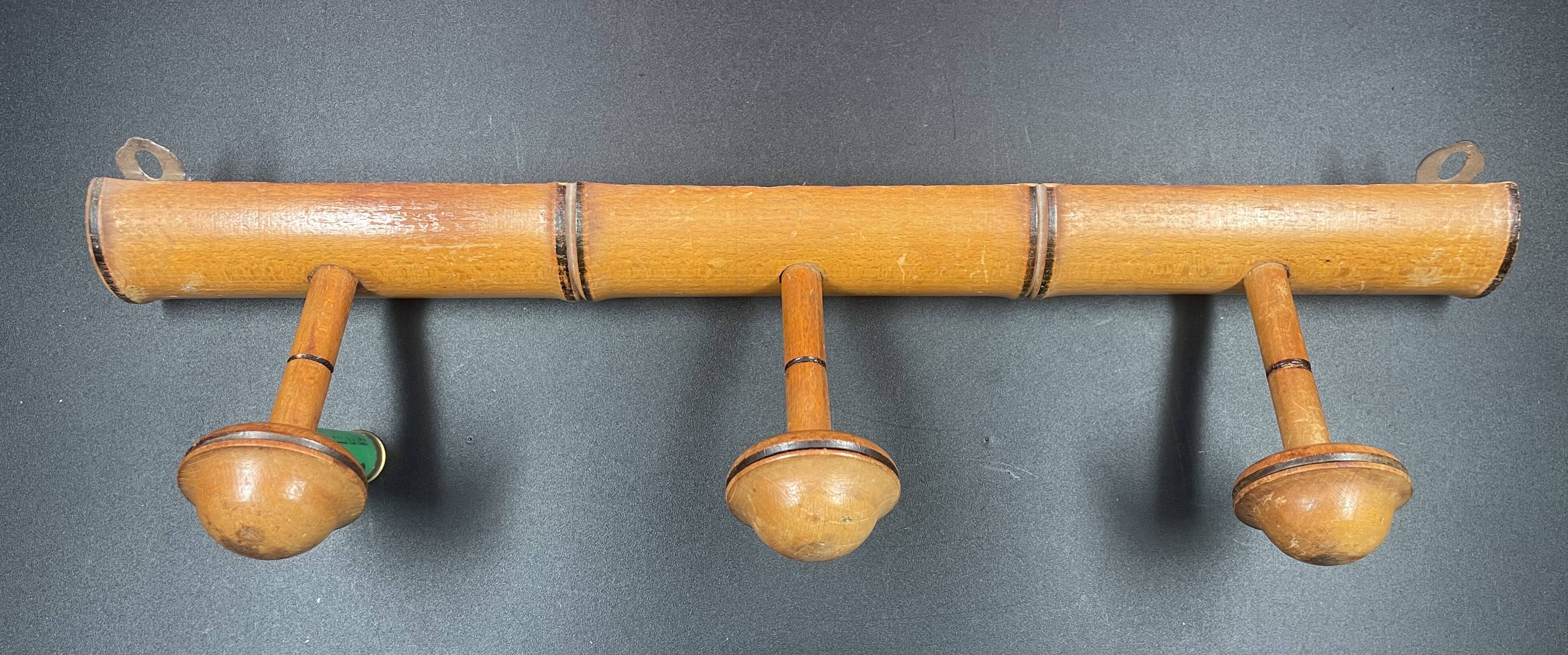Old turned wooden coat rack 1930s bamboo style - 3 hooks