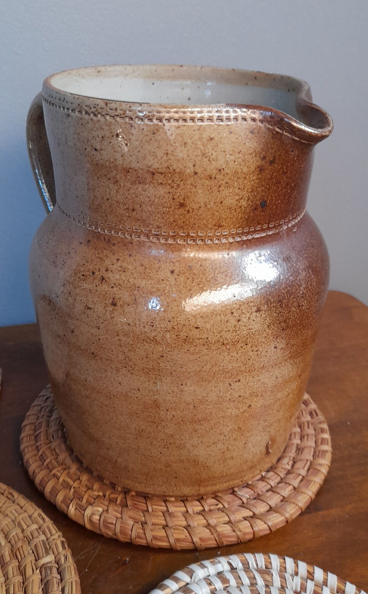 Pitcher in sandstone stamped glazed terracotta, bonny sandstone, handmade