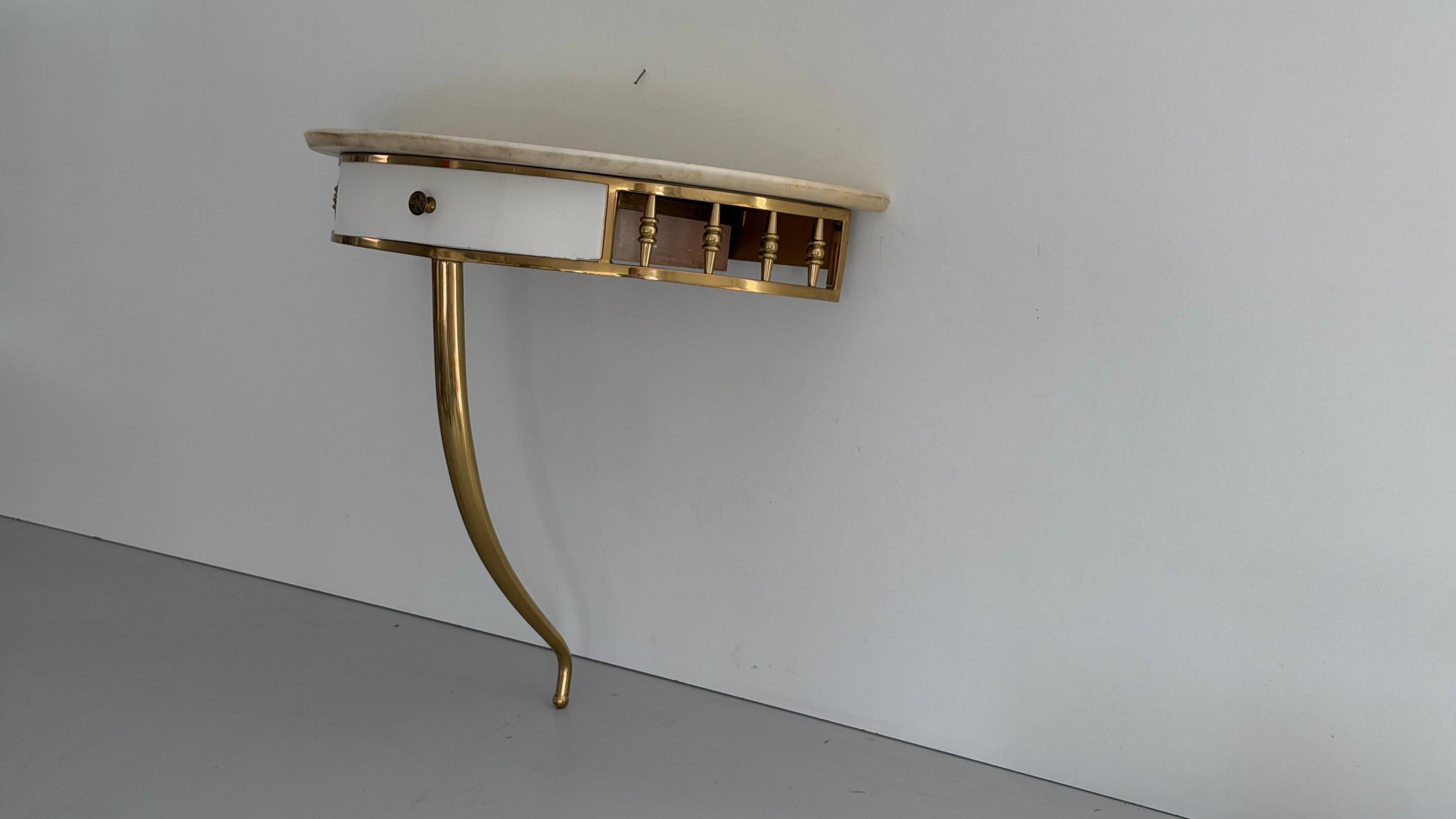 Floating wall console with drawer, brass body and marble top, 1960s, Italy
