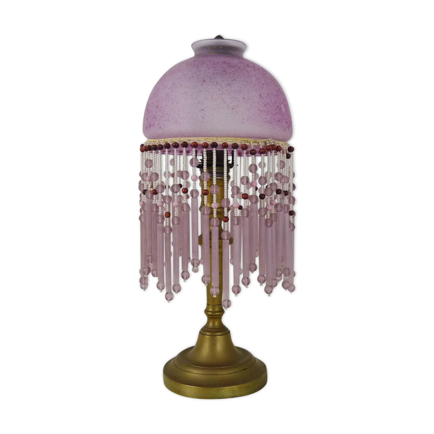 Table lamp, bedside lamp, speckled pink globe and glass and wood beads. Year 60
