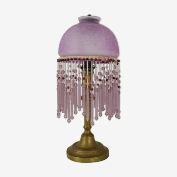 Lampe de table globe rose moucheté et perles en verre et bois. Année 60