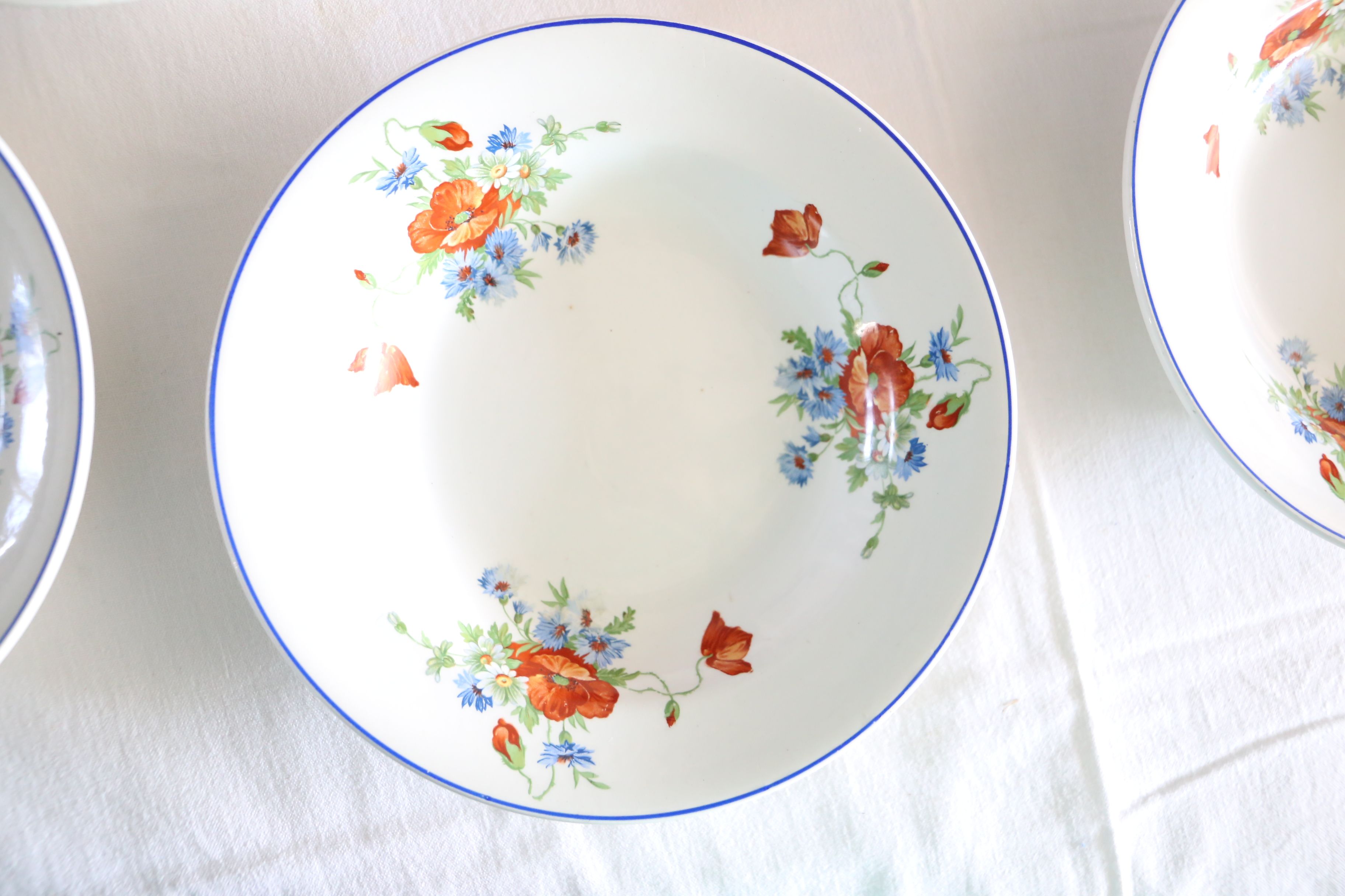 Set of 6 hollow plates of Salins, Poppy pattern, opaceline, vintage