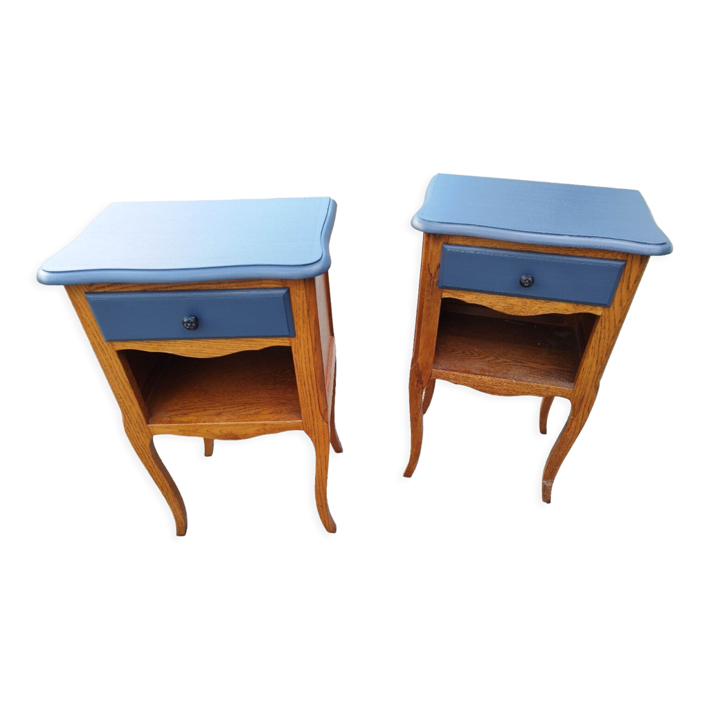 Paire De Chevets En Chêne Rénovés – Style Vintage, Vert Sauge, Avec Rangement