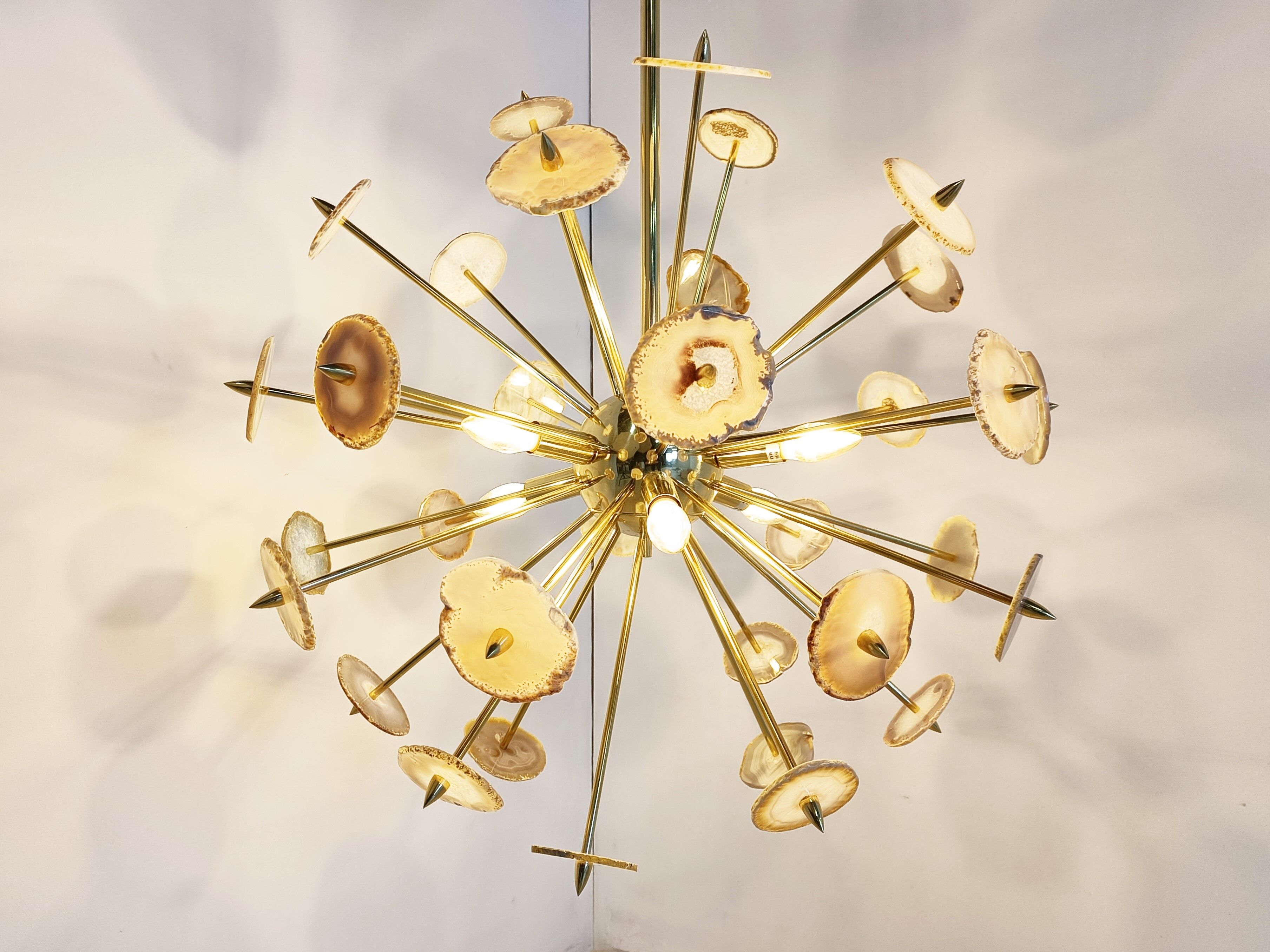 Brass and agate stone sputnik chandelier 1980s