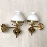 Pair of antique brass and opaline wall lights