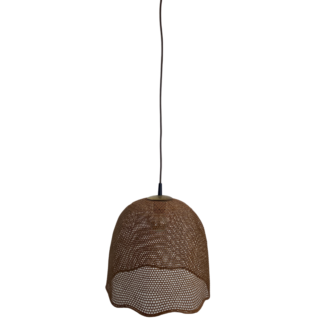 Rattan wicker webbing beehive pedant hanging lamp with brass, Dutch 1960s