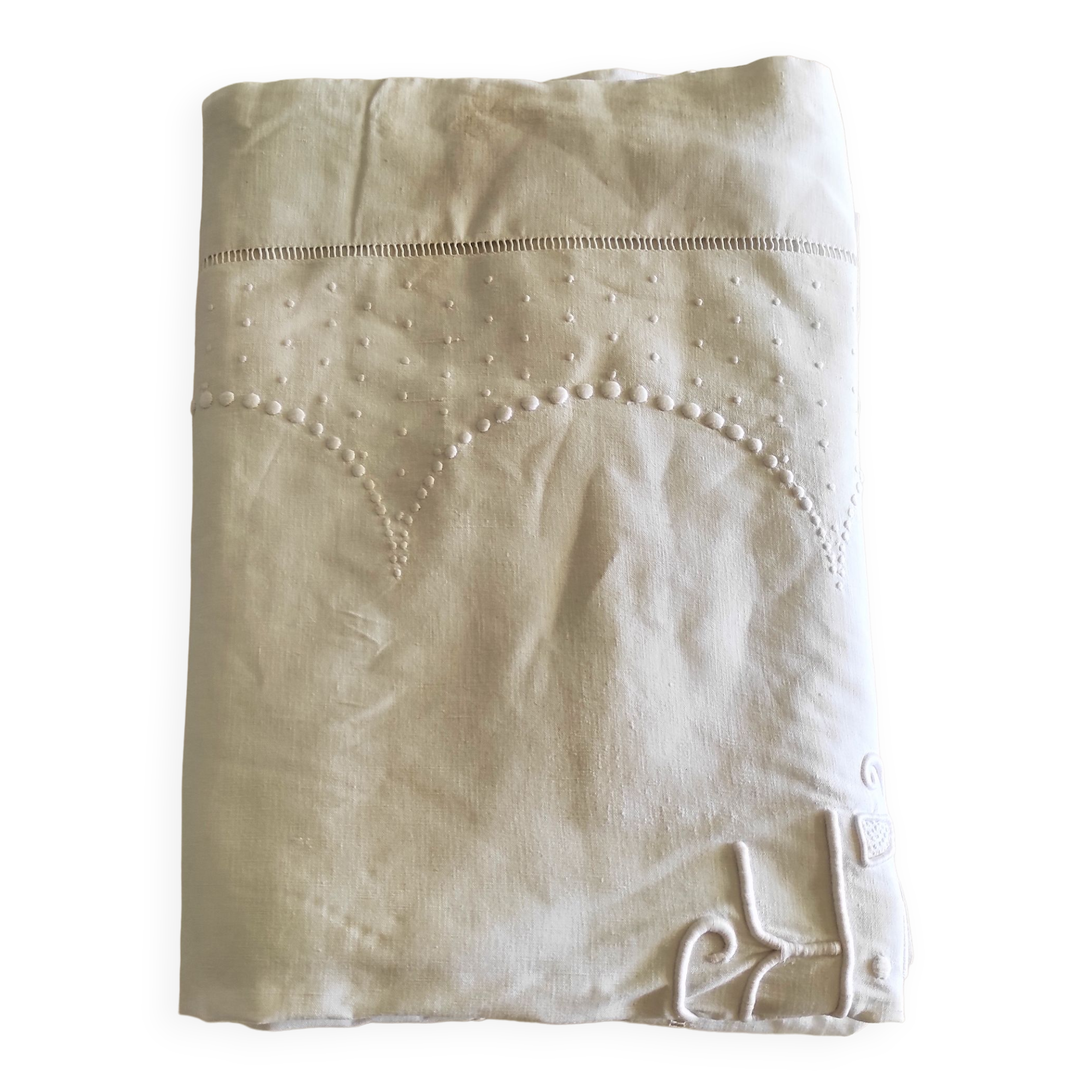 Large monogrammed old embroidered sheet of 235 cm x 330 cm material: linen and cotton
