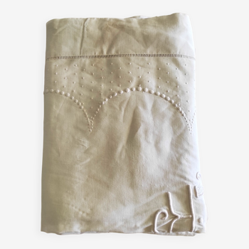 Large monogrammed old embroidered sheet of 235 cm x 330 cm material: linen and cotton