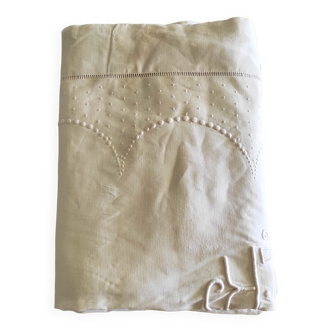 Large monogrammed old embroidered sheet of 235 cm x 330 cm material: linen and cotton