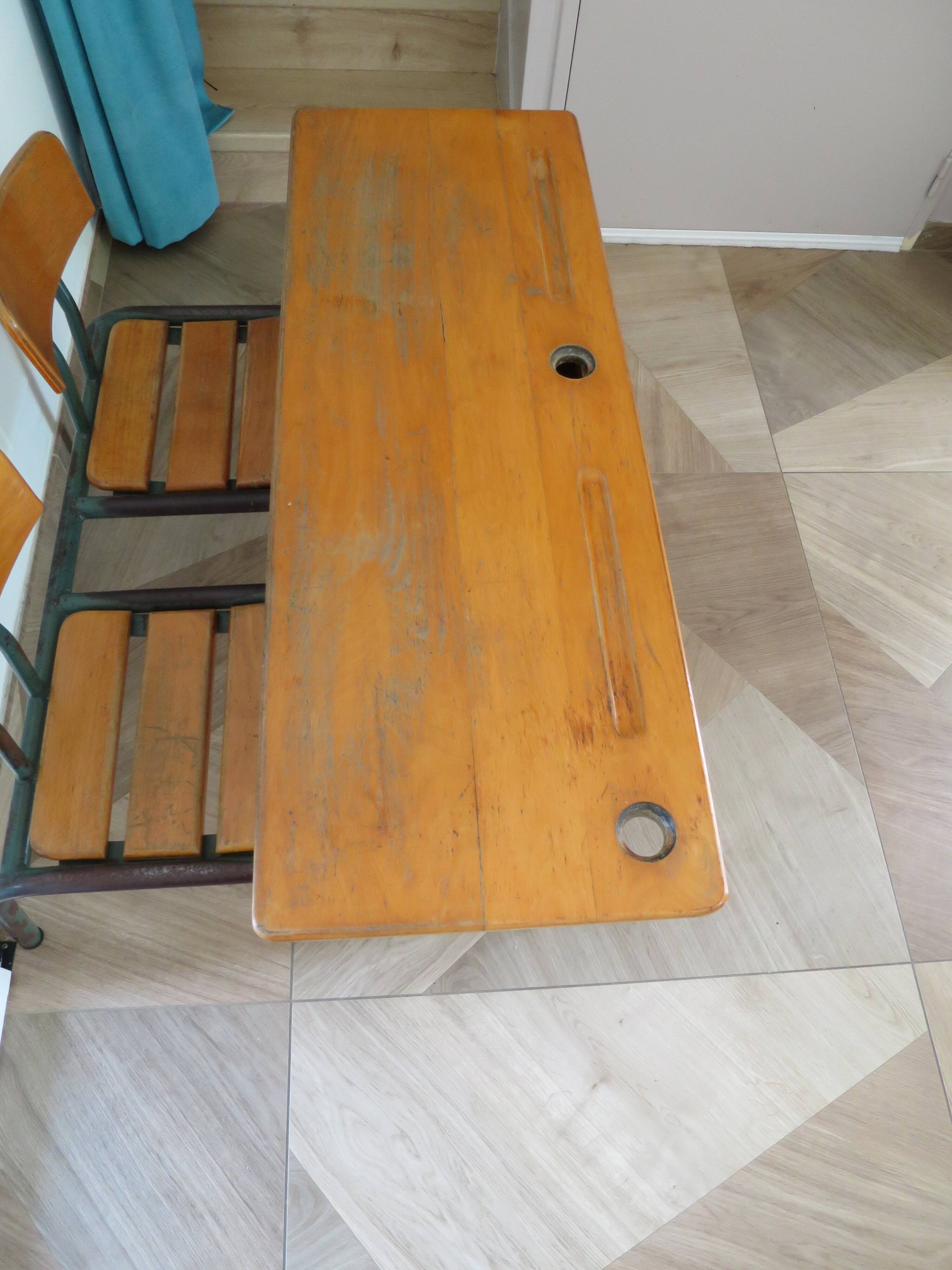 Bureau d’écolier vintage en bois et métal - Bureau double