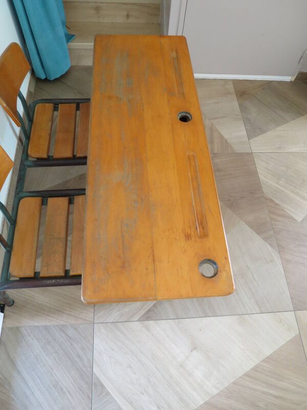 Bureau d’écolier vintage en bois et métal - Bureau double