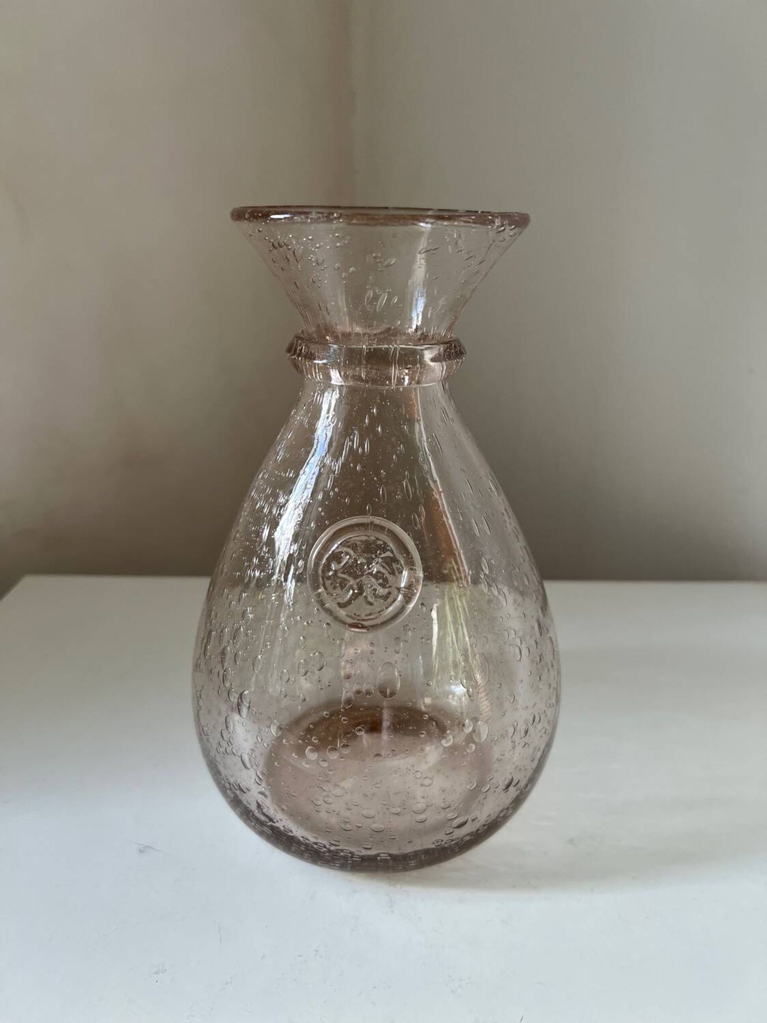 Biot water or wine carafe, pink bubble glass