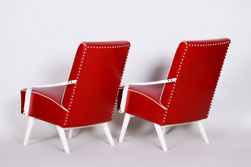 Mid-Century Red Leather and Beech Armchairs, Czechia, 1950s, Set of 2