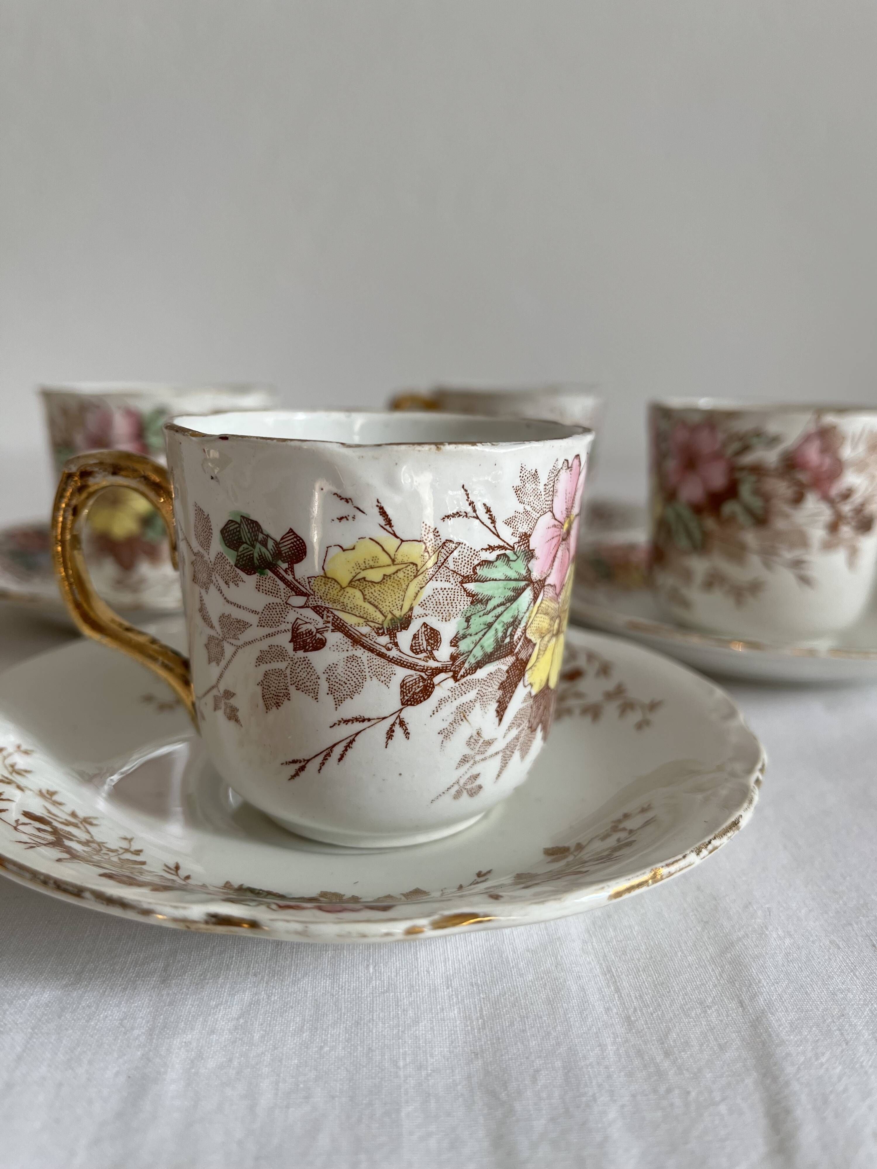 4 antique coffee cups in polychrome iron earth KG Lunéville