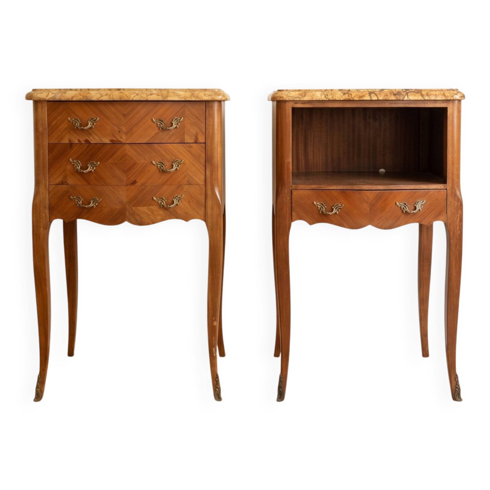 Pair of Louis XV bedside tables with marble and marquetry.