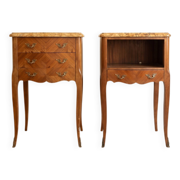 Paire de tables de chevet Louis XV marbre et marqueterie
