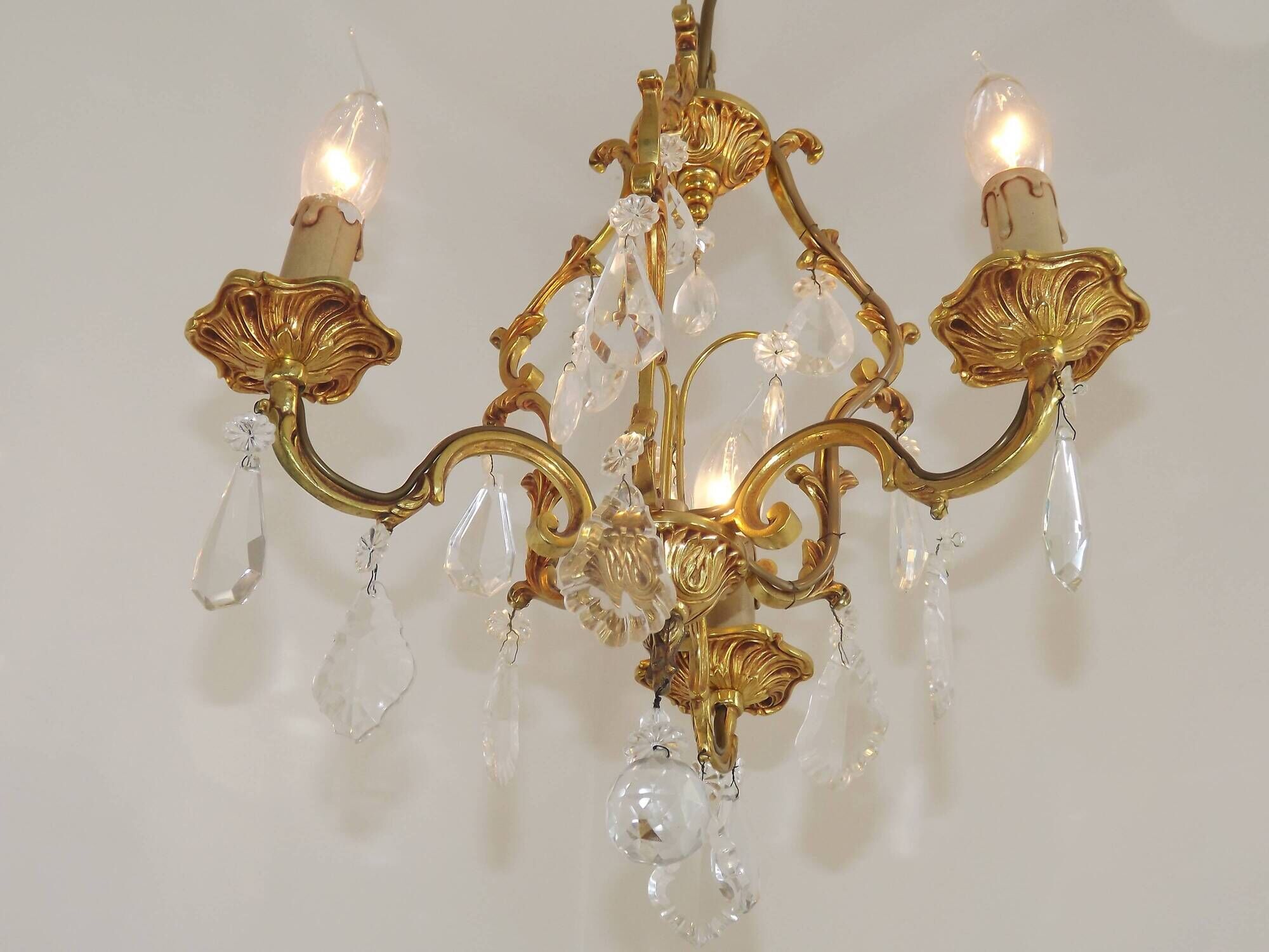 French Vintage Brass Mid Century 3 Light 3 Sided Crystal Cage Chandelier